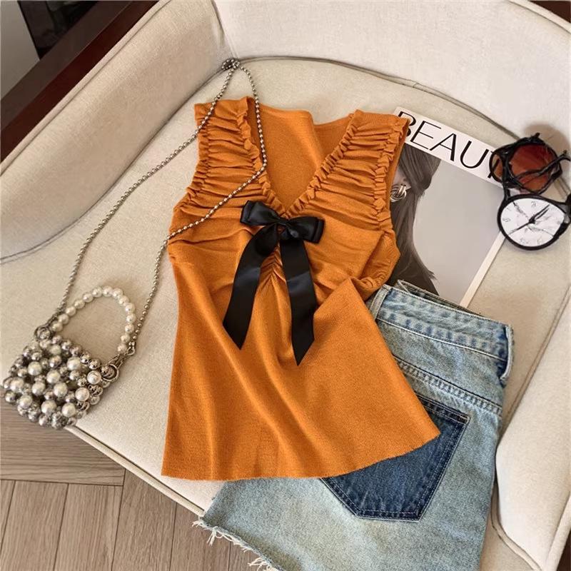 Women's Pink Bow V-neck Knit Vest, Summer Style Pleated Camisole, Super Stylish Sleeveless Top