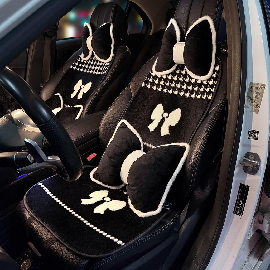 Car Seat Cushion Winter Warm Thick Plush Bow Tie Car Seat Cover Pad Universal Seat Supports Lumbar Support Pillow Car Headrest