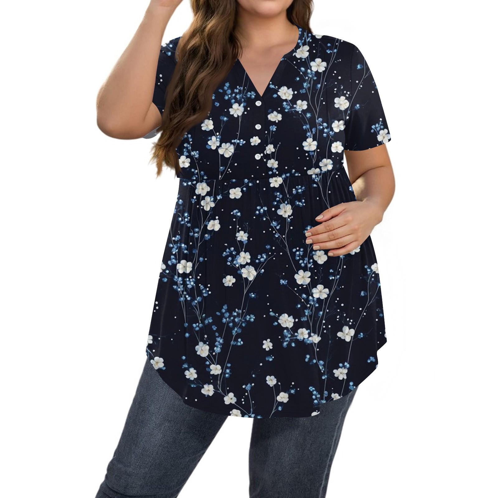 

Women s Printed Large Size V Neck Button-Up Top Casual Short Sleeve Flowy Top L