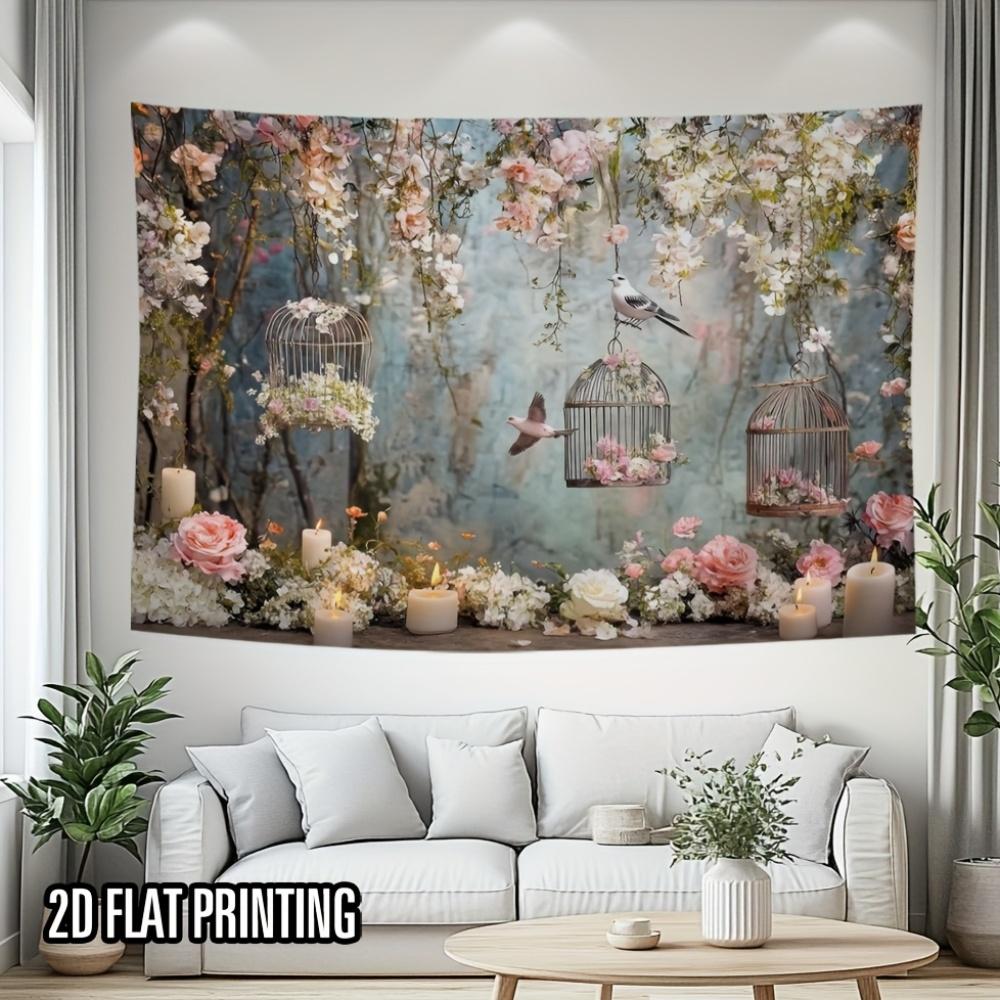 VIKAMA Arazzo da Parete Romantico a Tema Fiori e Uccelli Caldo e Tranquillo Camera da Letto Soggiorno Angolo Artistico Decorazione per la Casa
