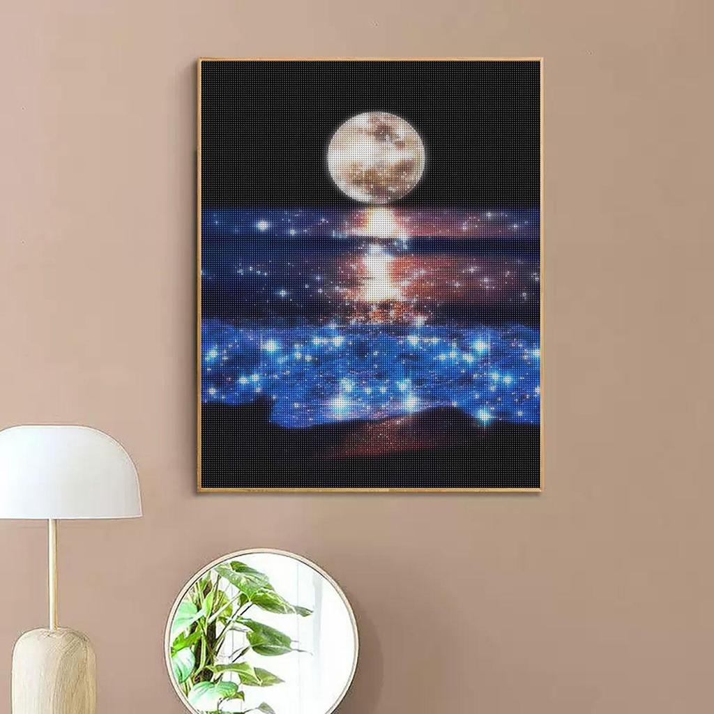 Pictură cu diamant DIY 5D, Lună, Mare, Broderie rotundă, peisaj, punct de cruce, mozaic, cadou lucrat manual 30x40cm/12x16inch