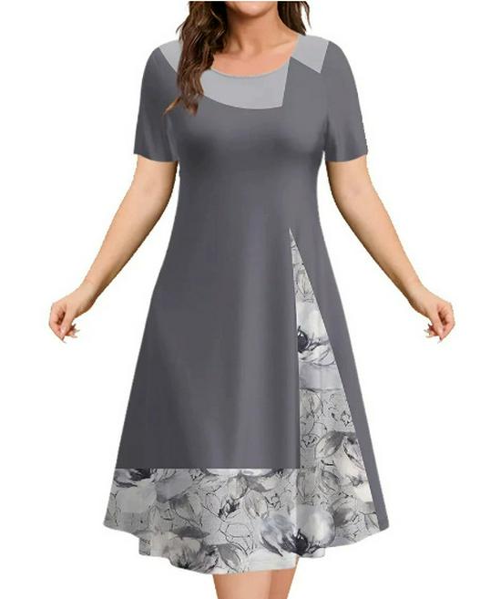 2026 Sommer Damen Patchwork-Print Kurzarm A-Linien-Kleid - Elegant und Fließend XL