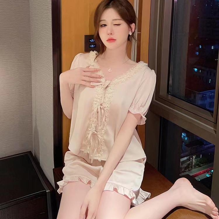 New pajamas women's ice silk bow pure desire wind lace-up short-sleeved shorts silk loungewear suit outer wear