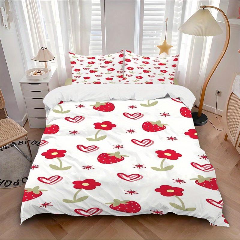 

3pcs Strawberry Floral pattern 1Cover + 2Pillowcases, PillowInserts NotIncluded, Machine Washable, All - Season Use, Suitable for Bedroom Guest Room73 135x200cm