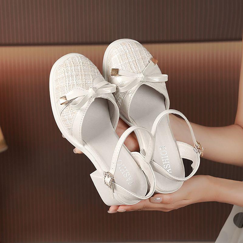 Sandals for Women Green Footwear Closed Summer 2024 Bow Square Heels Low Ladies Shoes Vintage On Offer Korea Comfort Vip Trend