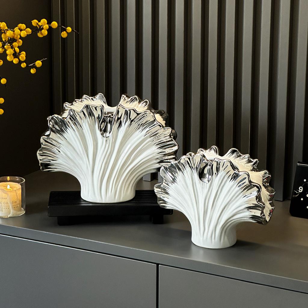 Ceramic Vase Simulated Shell Vase Gradient Silver Irregular Leaf Shape Flower Vase Home Decoration Accessories Terrarium