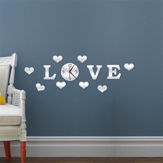 Mirror Effect 3D Clock Love Heart Wall Analog Sticker DIY Home