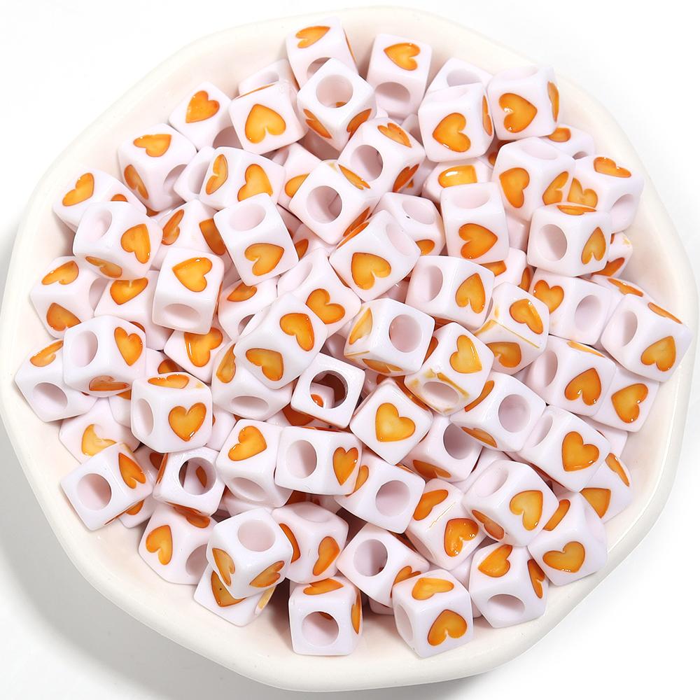 100Pcs 6mm Acrylic Drop Oil Beads Colorful Heart Pattern Square Loose Beads For DIY Bracelets Phone Chains Jewelry Supplies