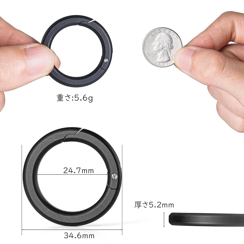 [TIMULTI] round shape carabiner key ring Fashionable Made of aluminum lightweight small size one touch storage Load capacity 10Kg (aluminum black *2