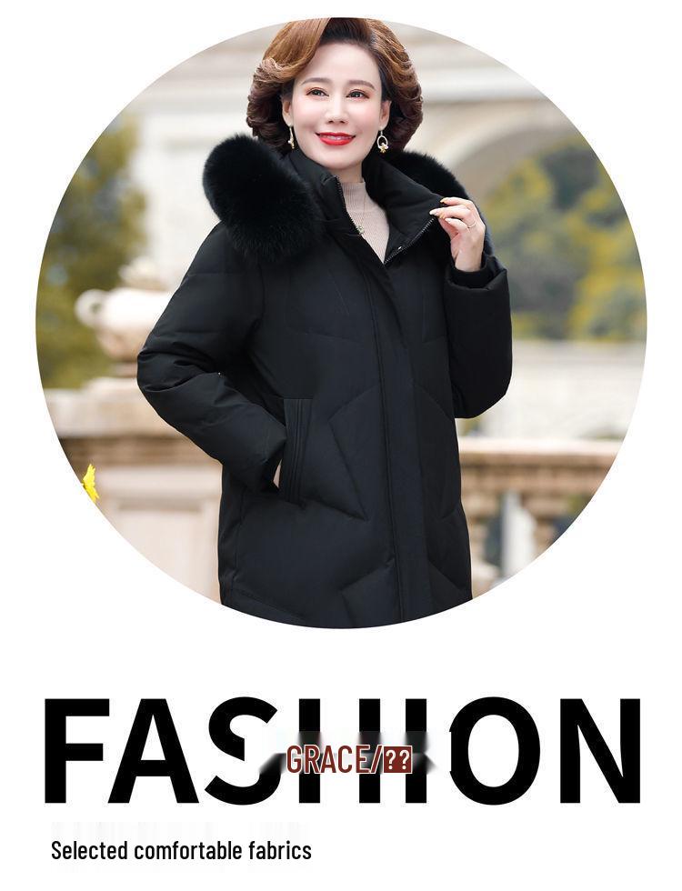 Dámská péřová bunda střední délky v korejském stylu s límcem z pravé kožešiny - Módní pro střední a starší věk