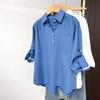 Early Spring New High-end Minimalist Style Casual and Versatile Half-open Lapel Blue Long-sleeved Shirt for Women