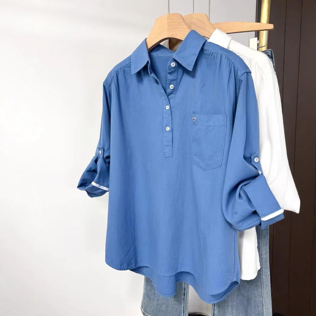 Early Spring New High-end Minimalist Style Casual and Versatile Half-open Lapel Blue Long-sleeved Shirt for Women