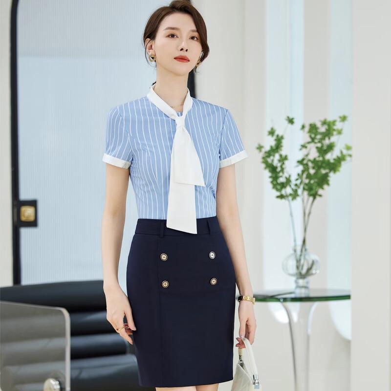 Tromen Women's Blue Stripe Short Sleeve Bow Tie Blouse