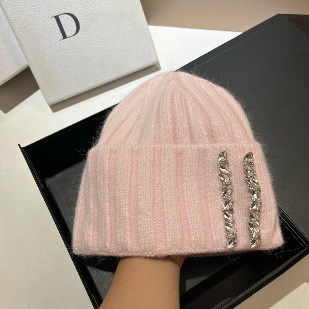 Paris Heavy Industry Light Luxury Rhinestone Knitted Hat Women'S Winter Outdoor Warm Rabbit Hair Wool Hat Wide Stripe Shows Small Face
