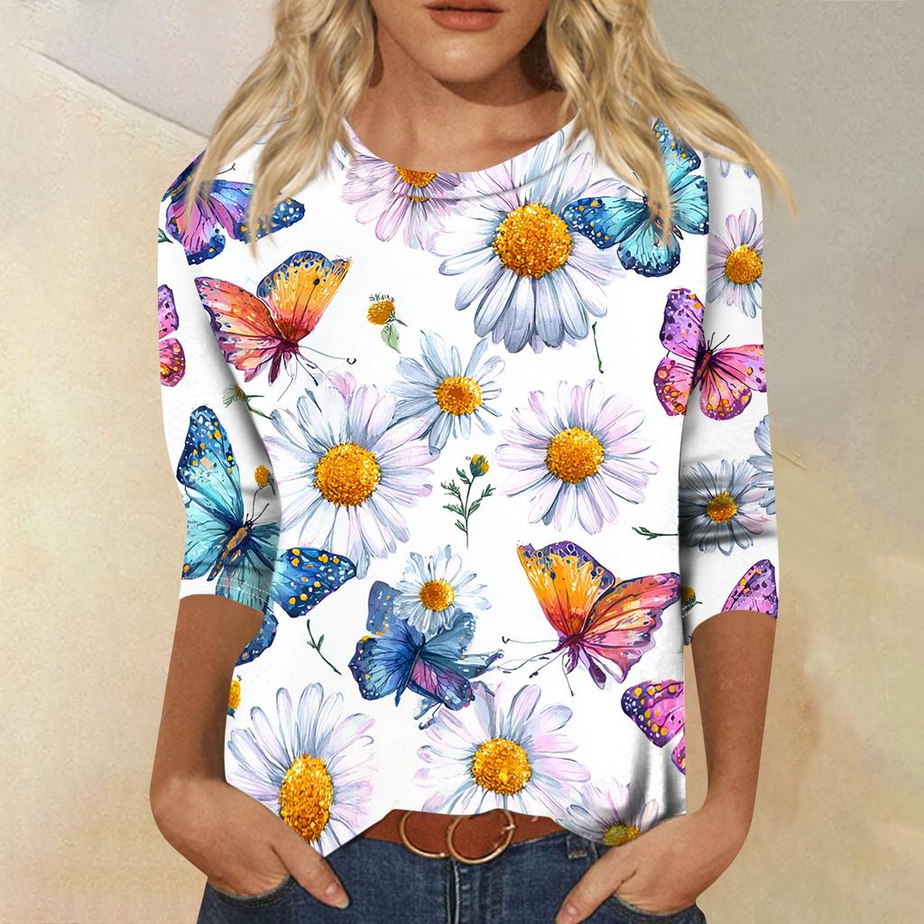 Damen Lässiges Rundhals-T-Shirt-Oberteil mit Dreiviertelärm und Blumendruck für Frühling und Sommer Entspannte Passform Bequemer Stil