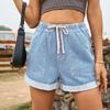 Dames Elastische Tailleband met Trekkoord Rechte Pijp Denim Shorts Omgeslagen Boord Casual Straatstijl Zomer Denim Korte Broeken Met Zakken