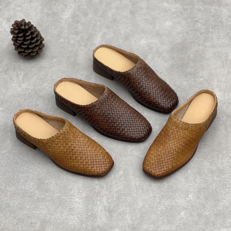 Women's Shoes, Retro Flip-top Breathable Slippers, Square-toed Half-heeled Shoes