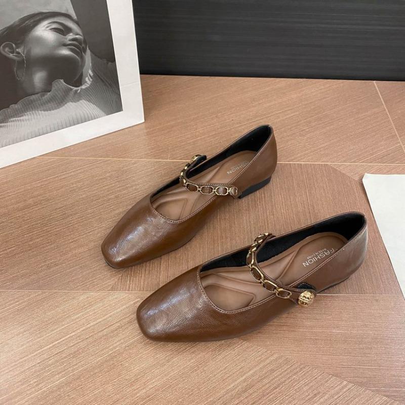 Retro flat-soled small square head shoes autumn new buckle small leather shoes women's temperament single shoes