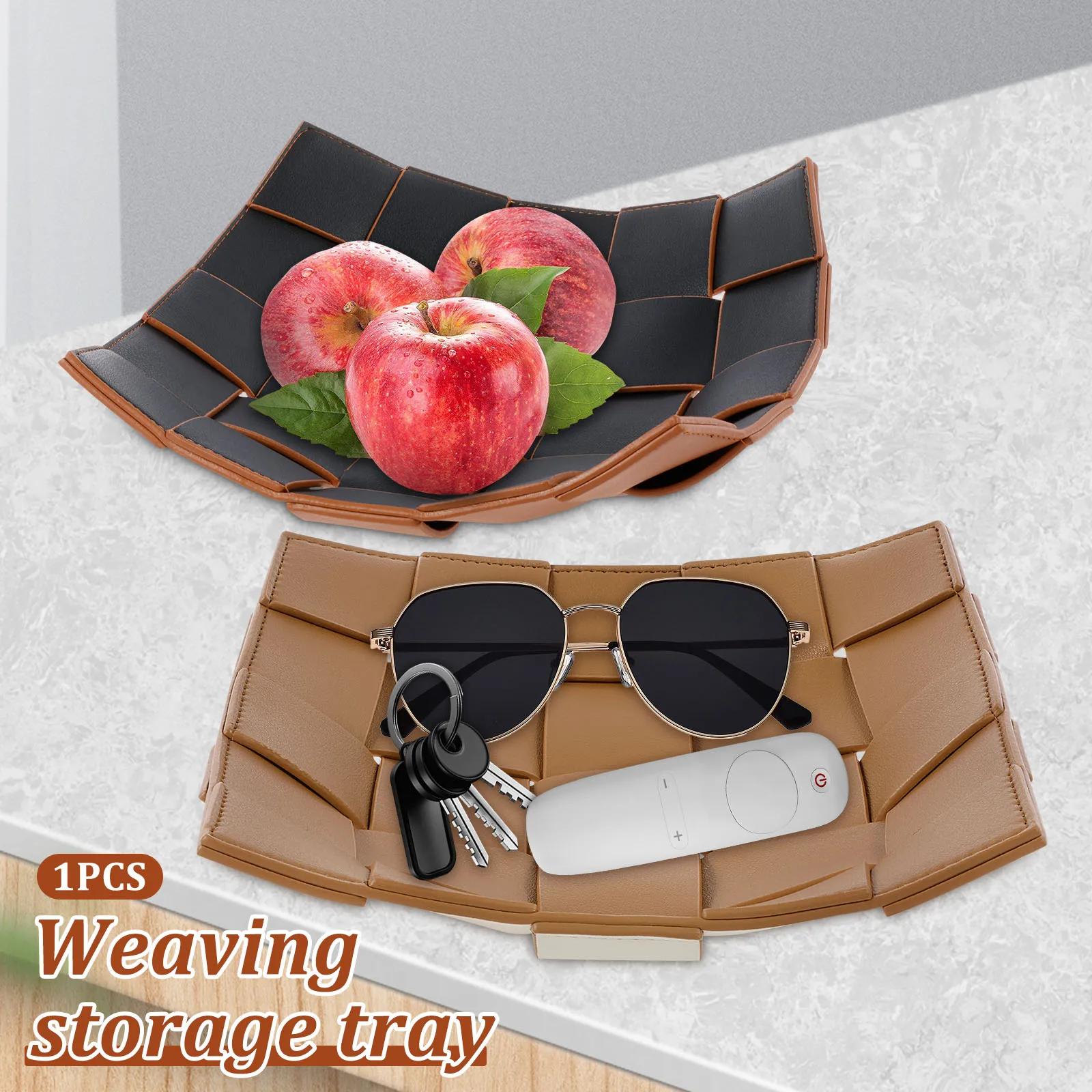 Valet Tray PU Leather Key Bowl Reversible Phone Wallet Coin Desktop Storage Tray Organizer Square Weave Nightstand