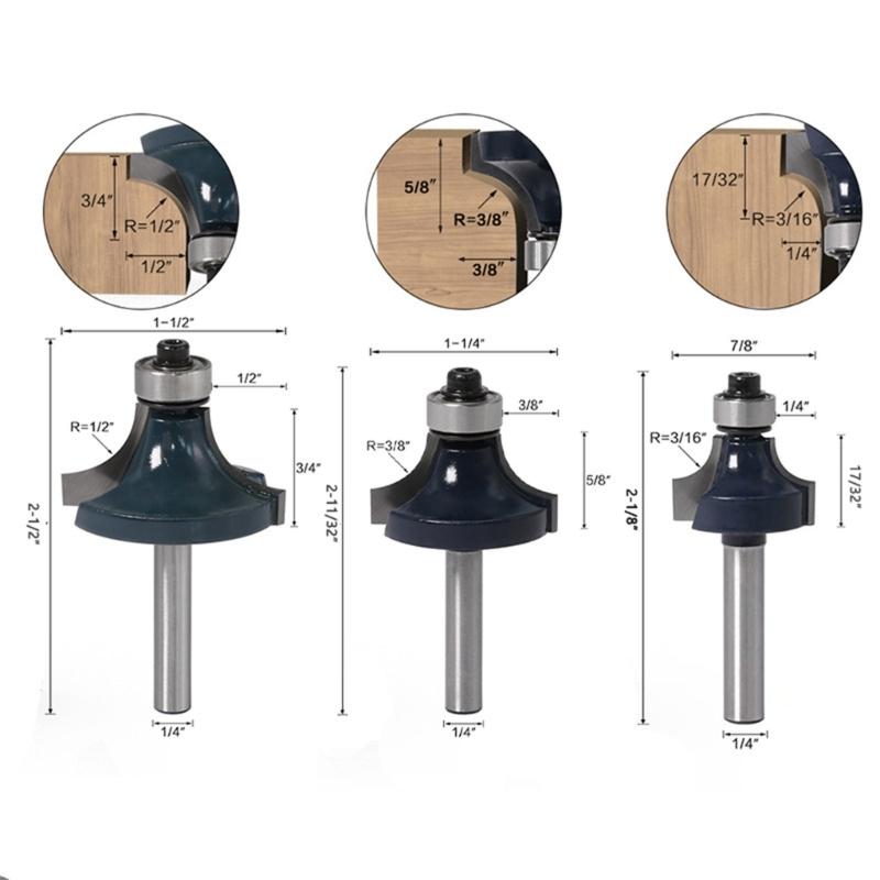 High Performances Woodworking Alloy Steel Roundover Router Bit 3/8 3/4 1 Inch 3Piece Set Suitable for 1/4Inch Shank Tool