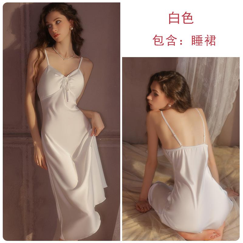 

Long ice silk underwear passion temptation plus chest pad sexy slim nightdress loungewear suit M белый