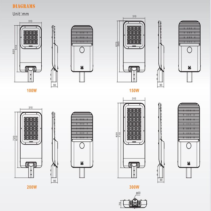 Adjustable LED Street Light Head, Tool-Free Opening, 200W/300W