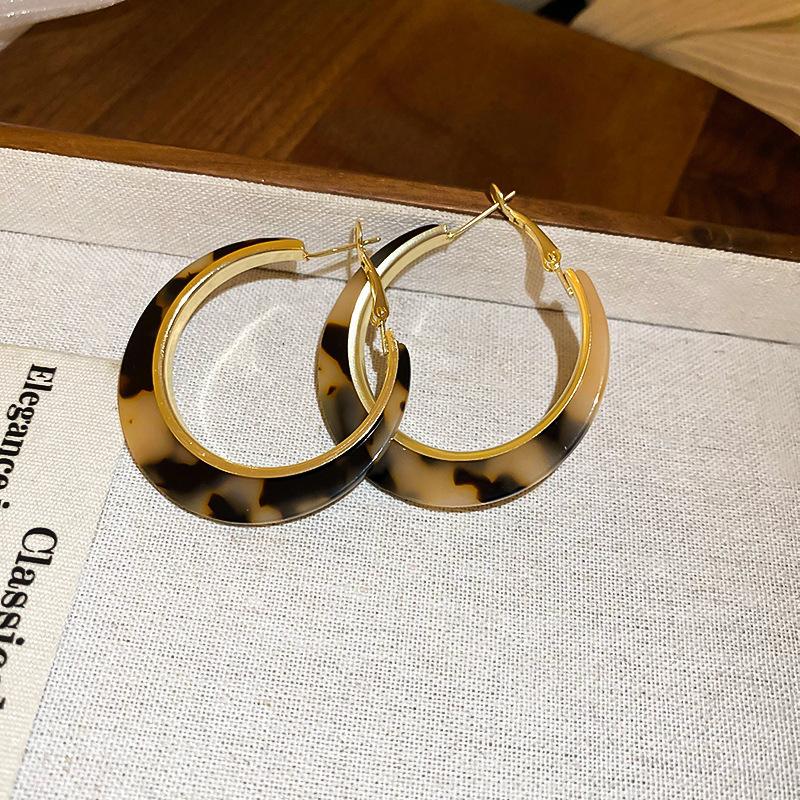 Hong Kong Style Real Gold Electroplated Leopard Print Circle Earrings Square Face Retro High-end Earrings Commuter Versatile Earrings Niche