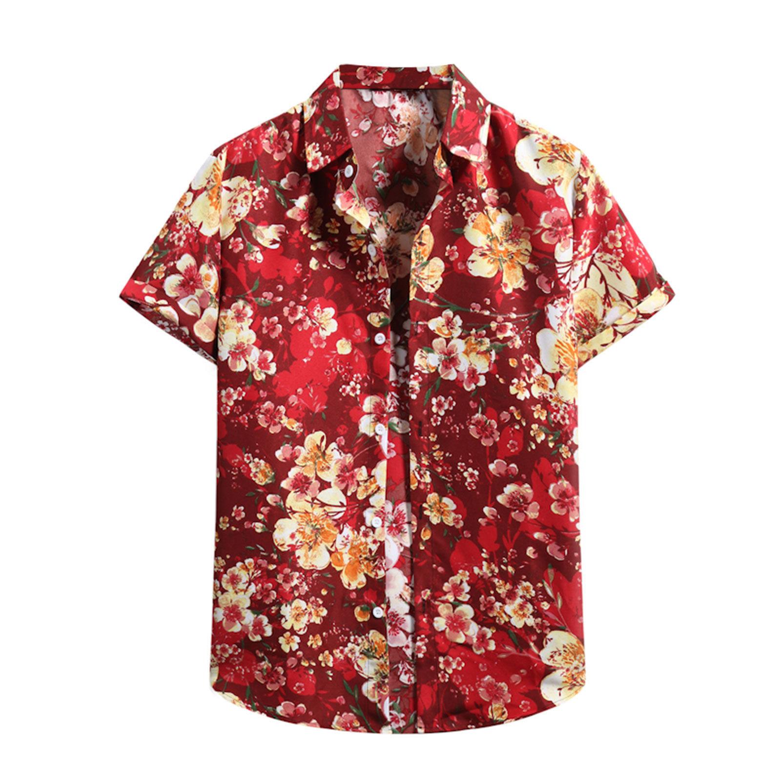 

Мужской кардиган с коротким рукавом, гавайская пляжная рубашка с цветочным рисунком, мужская рубашка с высоким воротником M красный