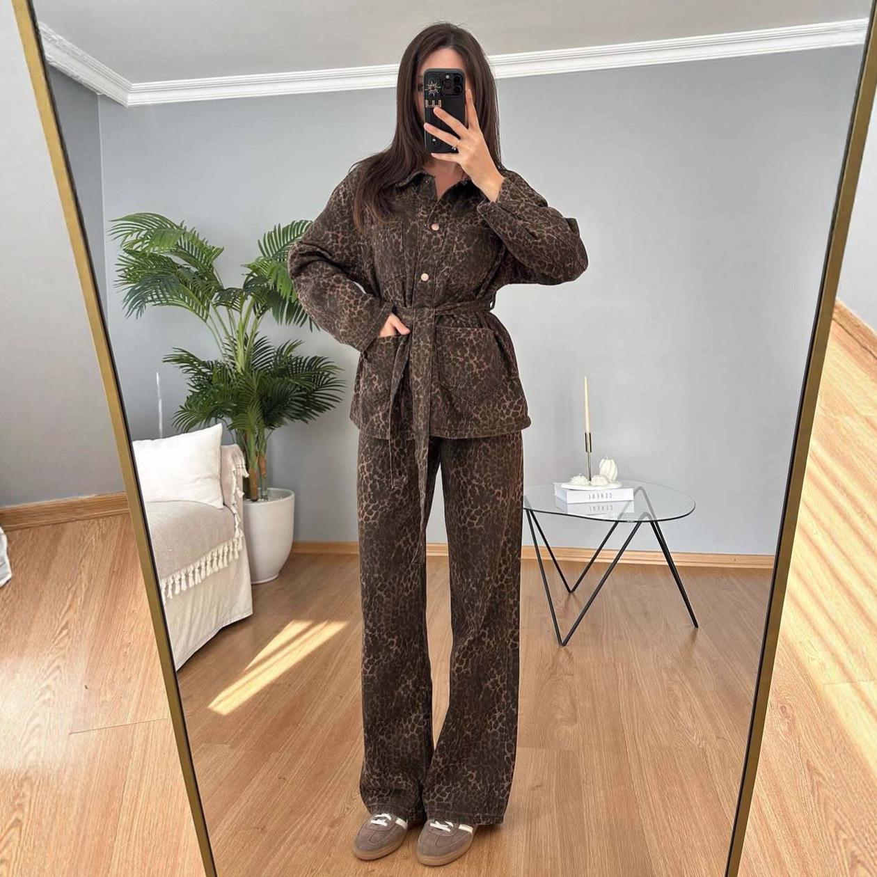 

2025 Women s Fashion Leopard Print Lace-up Long Sleeve Button Casual Pants Set XXL верблюд