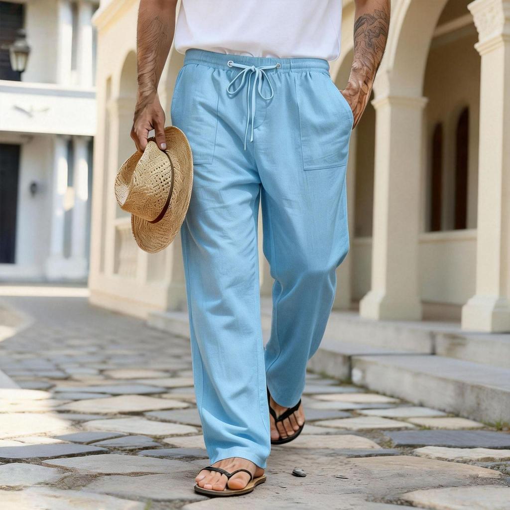 2026 Casual Men's Loose Summer Breathable Beach Pants with Drawstring and Straight Leg Design in Solid Colors.