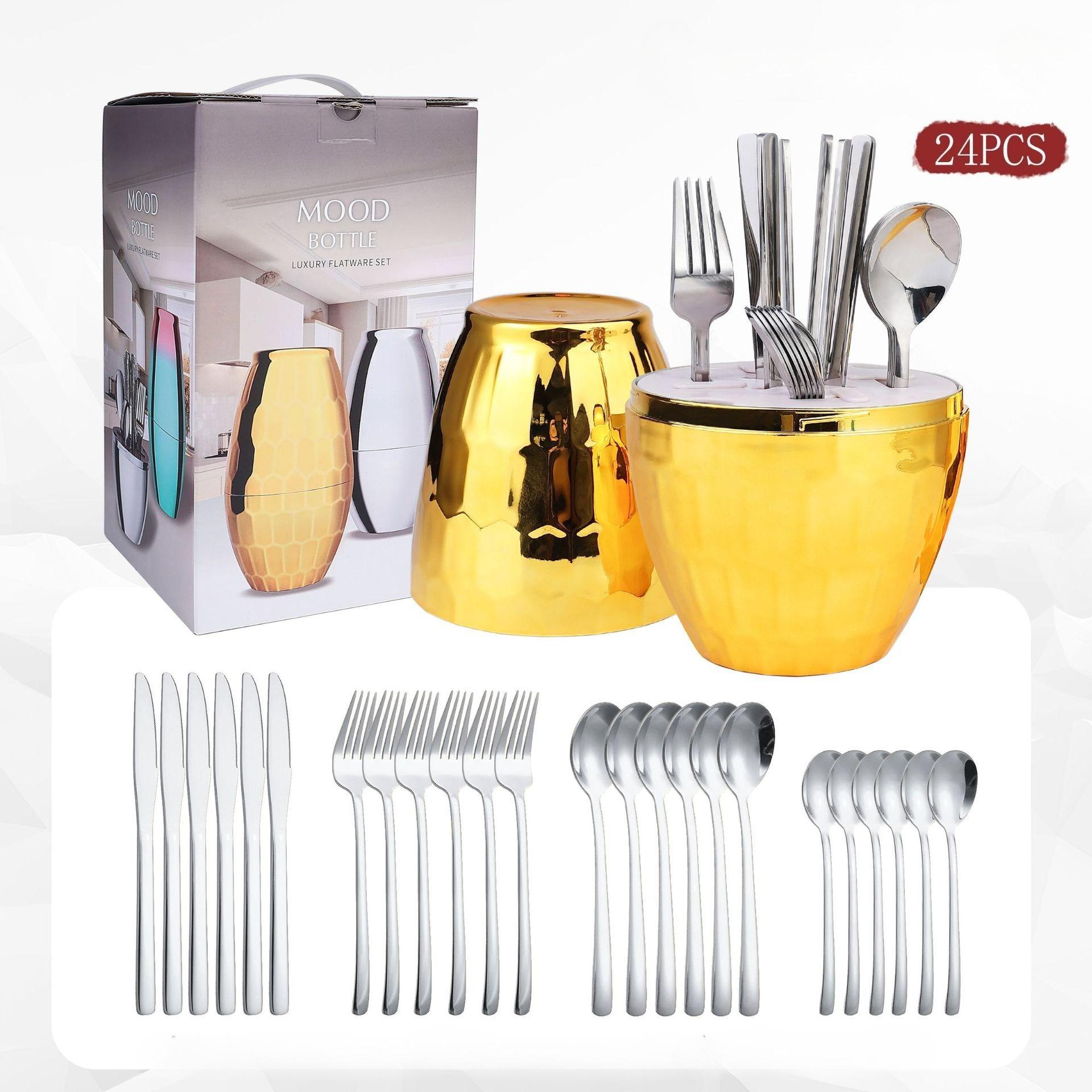 J Mood Bottle Tableware Stainless Steel 24-piece Tableware Set Golden Egg Steak Knives and Forks Western Tableware Storage Ornament