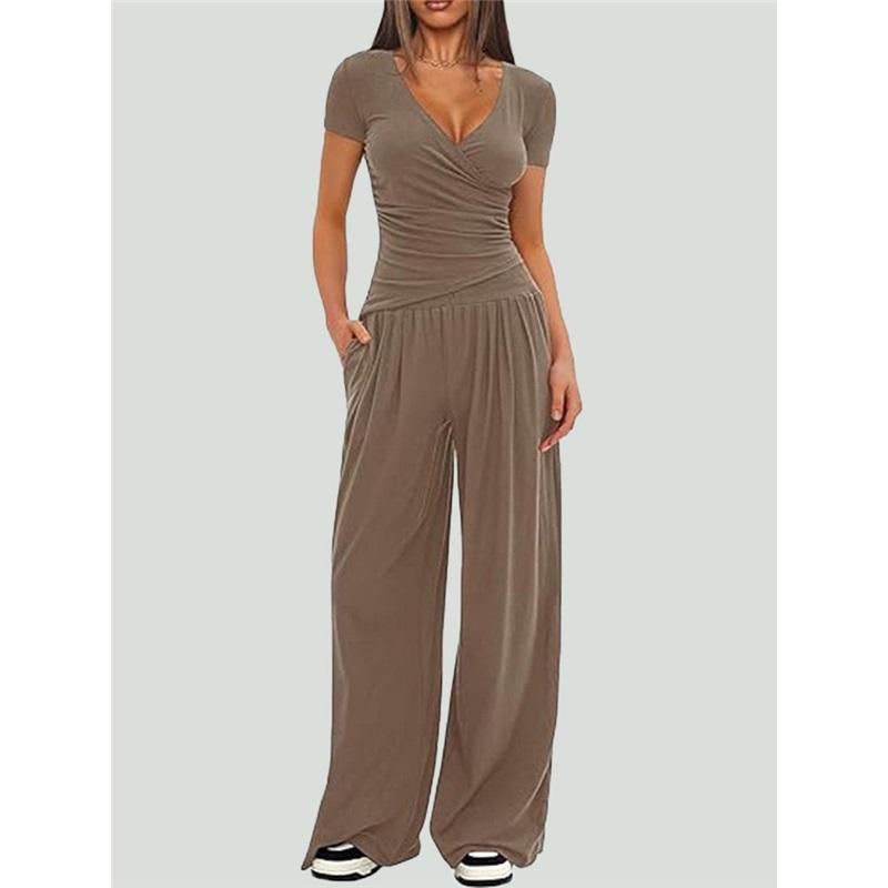 Women 2‑Piece Outfit V‑Neck Long Sleeve Ruched Top High Waist Wide Leg Pants Casual Loungewear Tracksuit Set