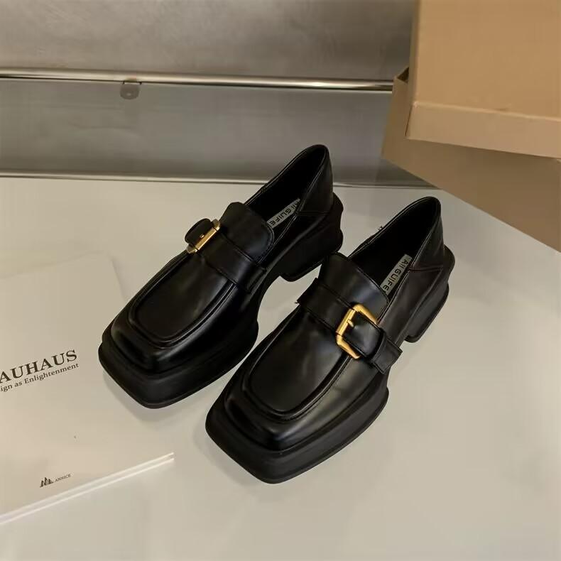 

Лоферы на платформе, увеличивающие рост, женские, 2025 весна, новые, ретро, квадратный носок, толстый каблук, маленькие кожаные туфли 35 чёрный