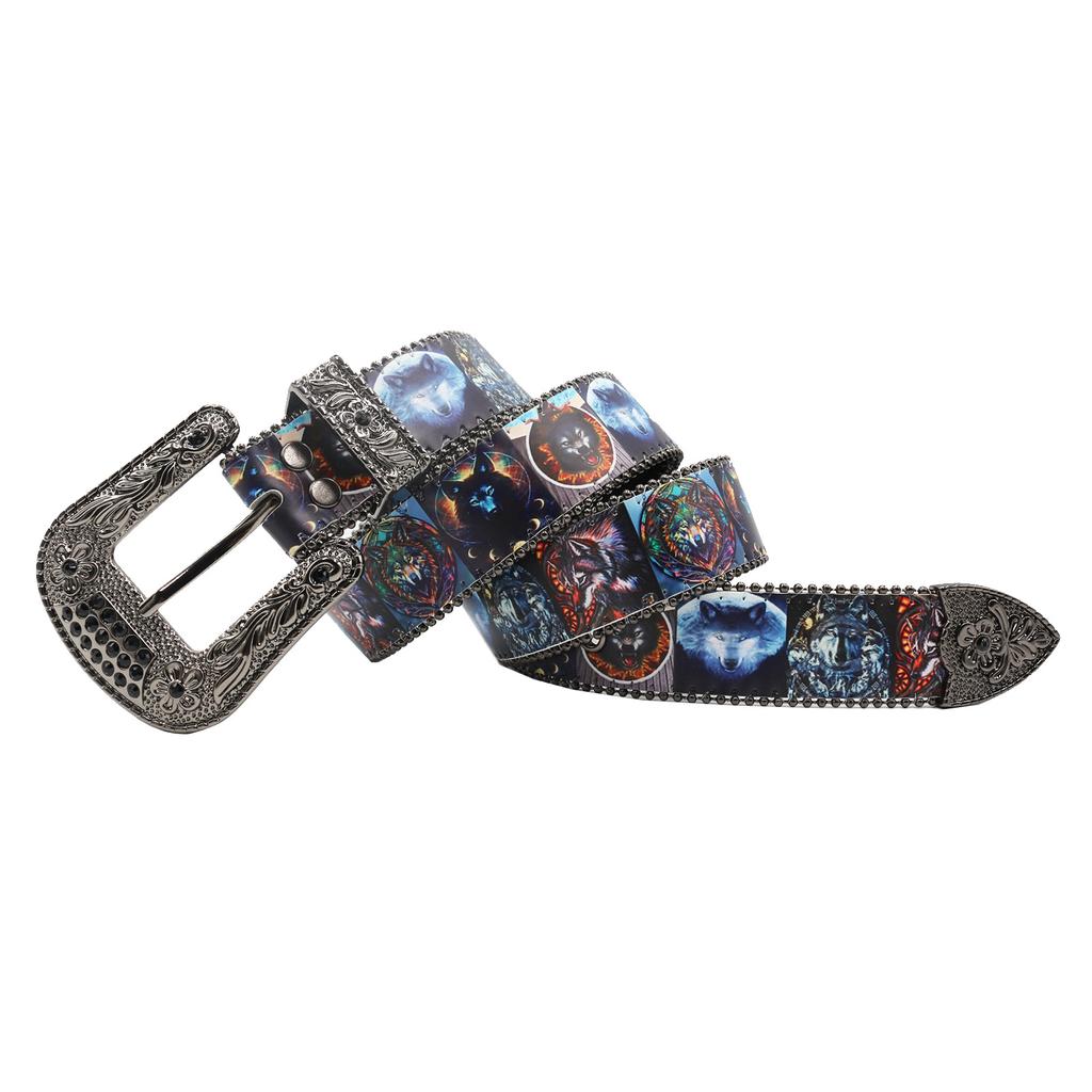 Original Design Animal Rhinestone Print Belt, Hip Hop Punk Personality Full Of Pu Leather Belt