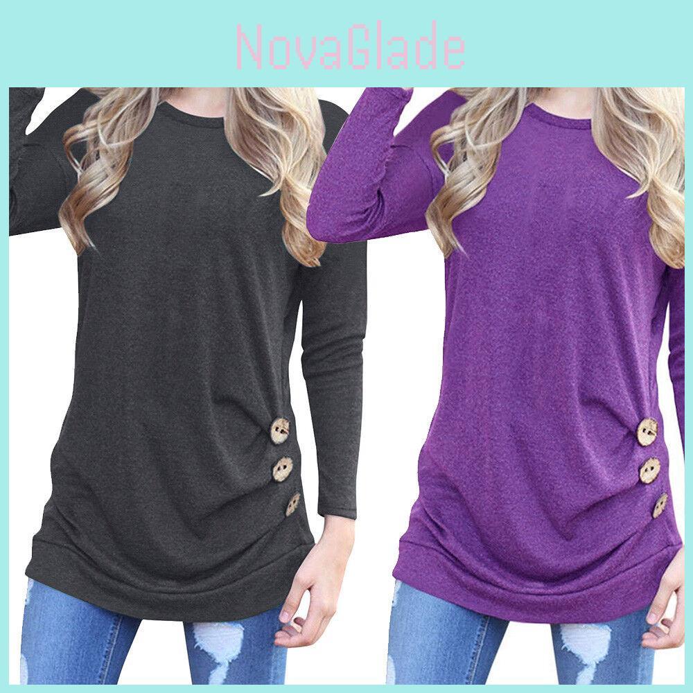 Stylish Long-sleeve Button Detail T-shirt For Women In Various Colors And Sizes