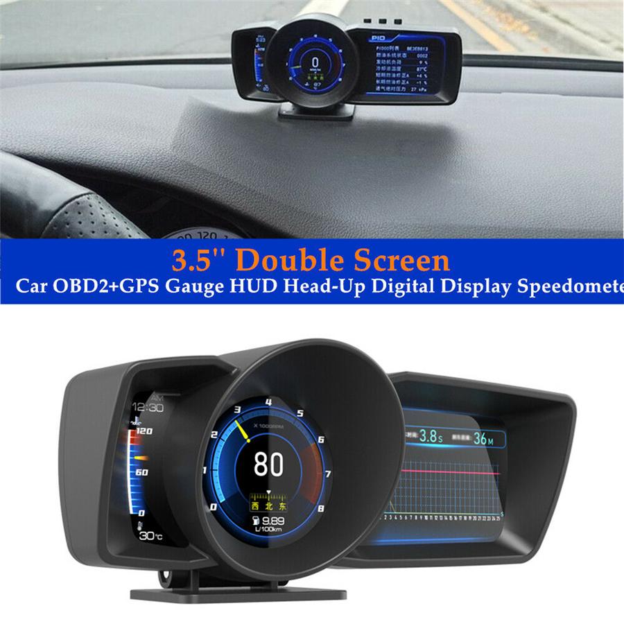 3.5”OBD2+GPS Dual-screen Digital Head Unit HUD Display for Car, with Speedometer, Turbo Timer, Tachometer and Alarm Functions