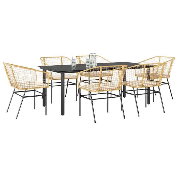 VidaXL Ensemble à manger jardin coussins 7pcs marron poly rotin verre, ensemble de salle à manger d'extérieur 3334609