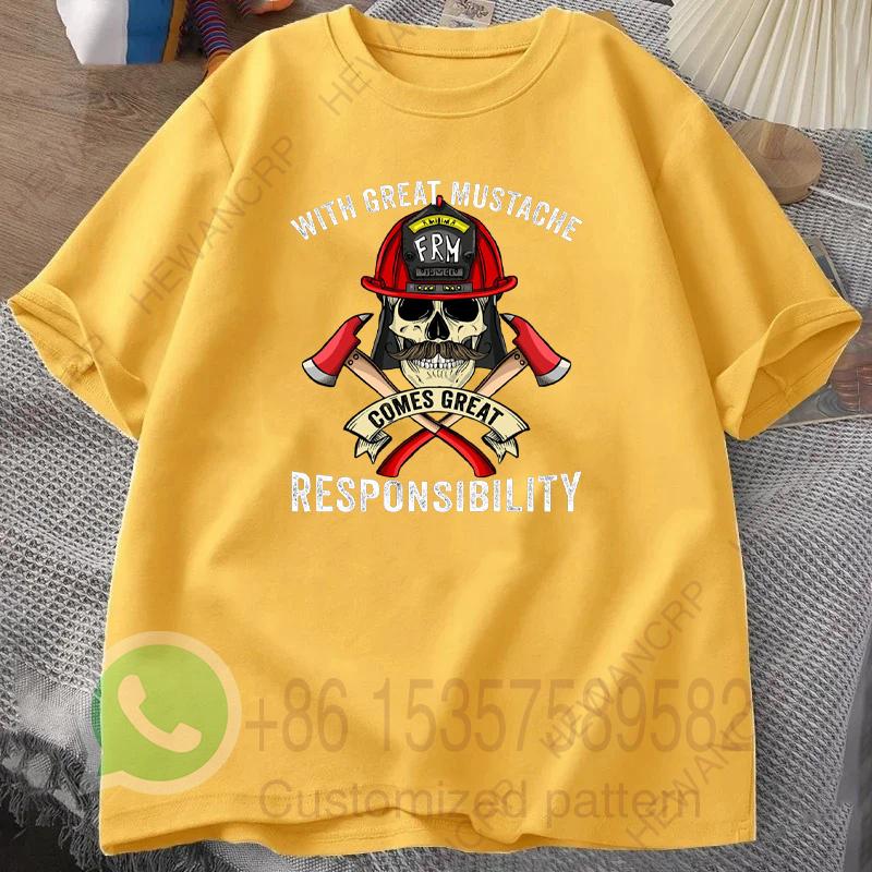 With Great Mustache Comes Great Responsibility Fireman Skull T Shirt Mens Tracksuit Casual Pullover Shortsleeved Sportswear