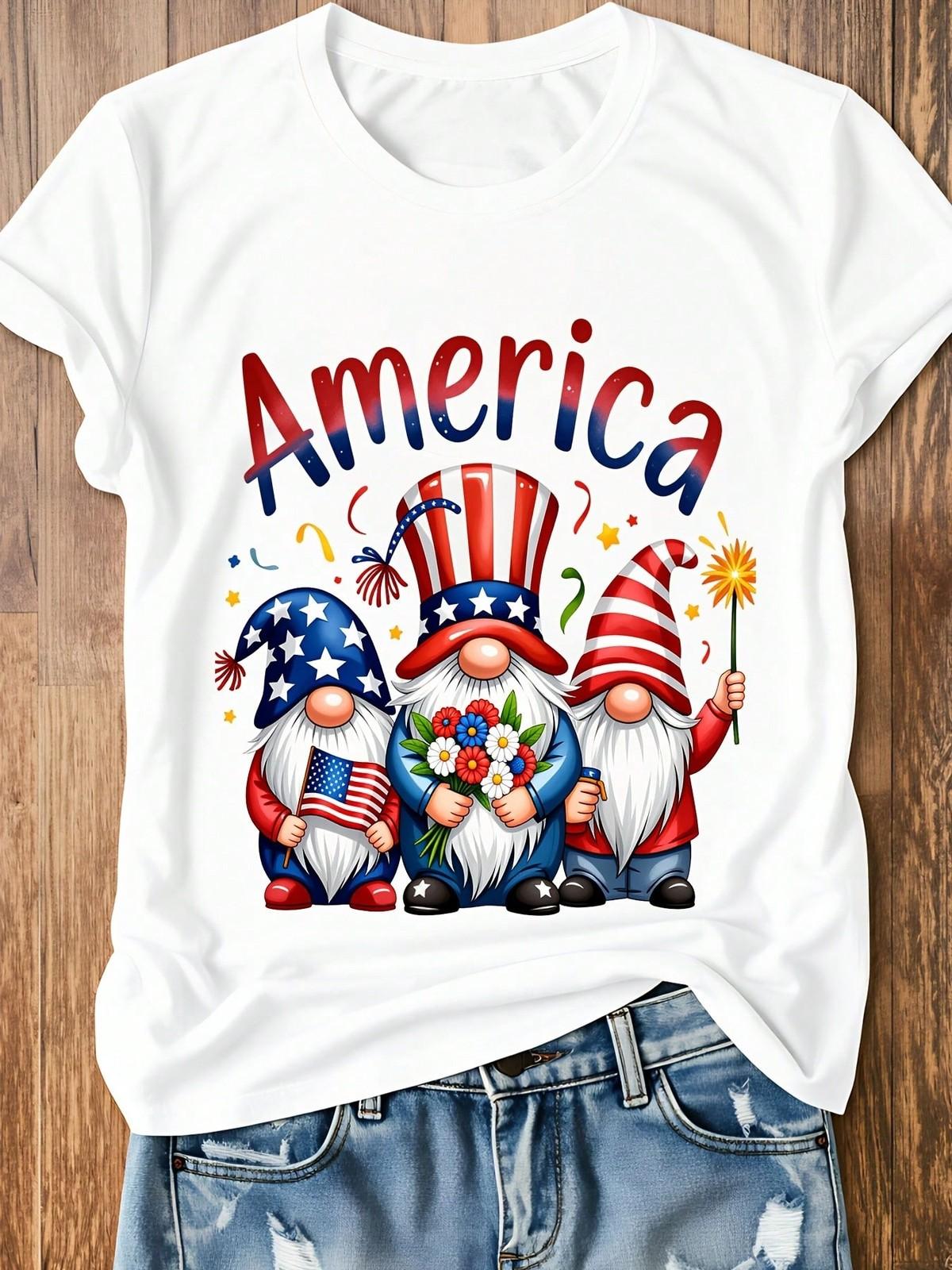 America Gnomes Patriotic Flag Flowers Stars Print Round Neck TShirt Women Tops XXL