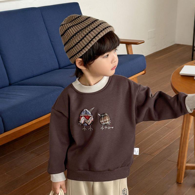 Boys Fleece-Lined Hoodie Autumn and Winter Children s Clothing Children s Thickened Warm Top Baby Casual Fleece Pullover Clothes Dark Curry 130 cm