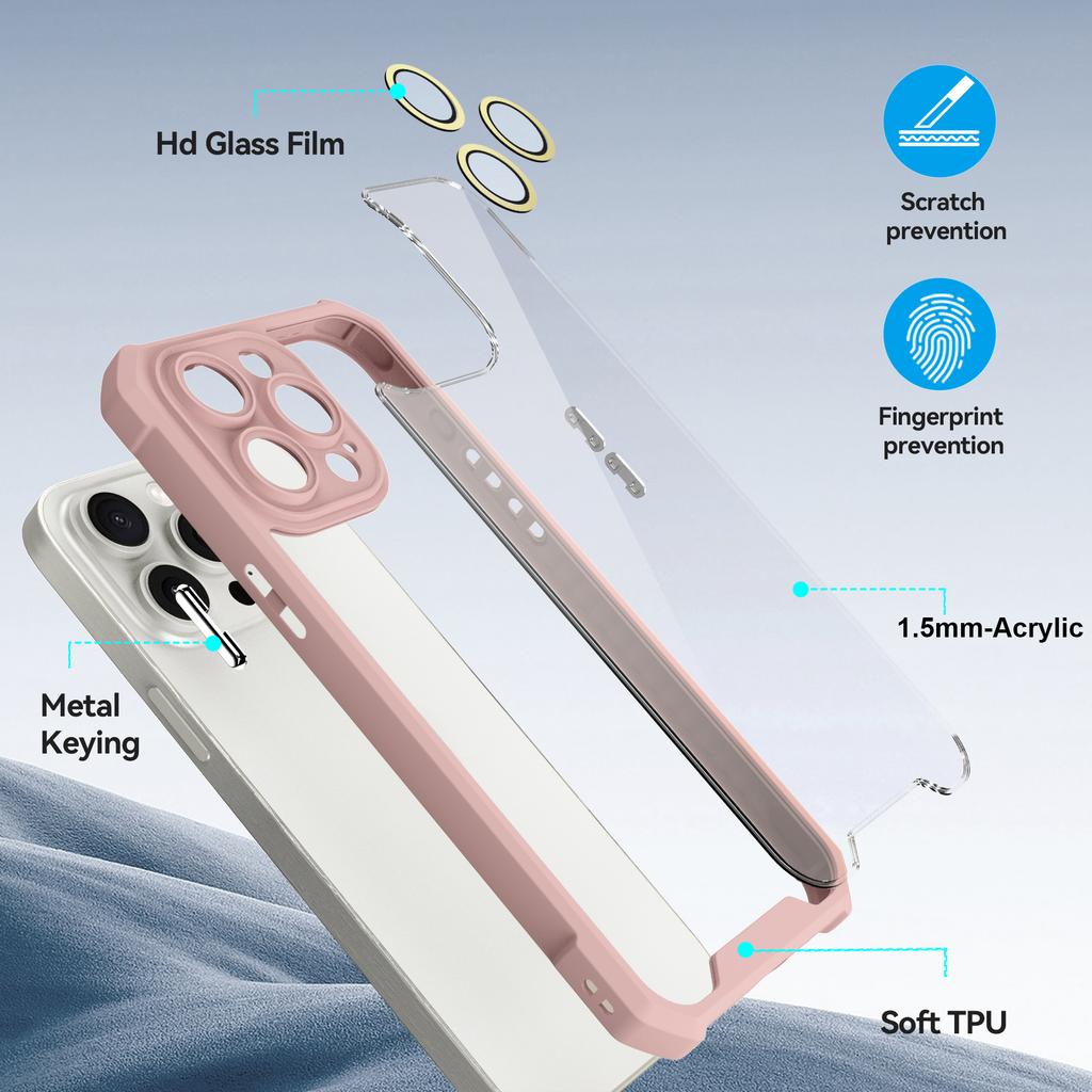 Für iPhone 14 Pro Hülle Transparente Rückseite Acryl+TPU Handyhülle mit Glaslinsenfolie