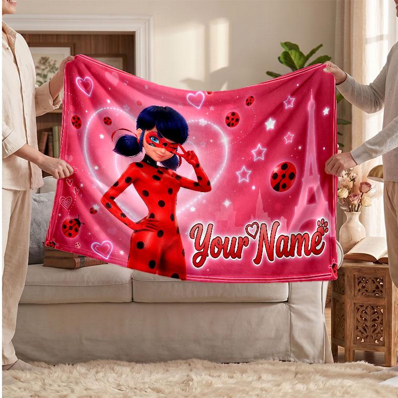Miraculous Ladybug Personalized Flannel Blanket, Custom Printed Text Name, Warm Soft Blanket For Couch Bed