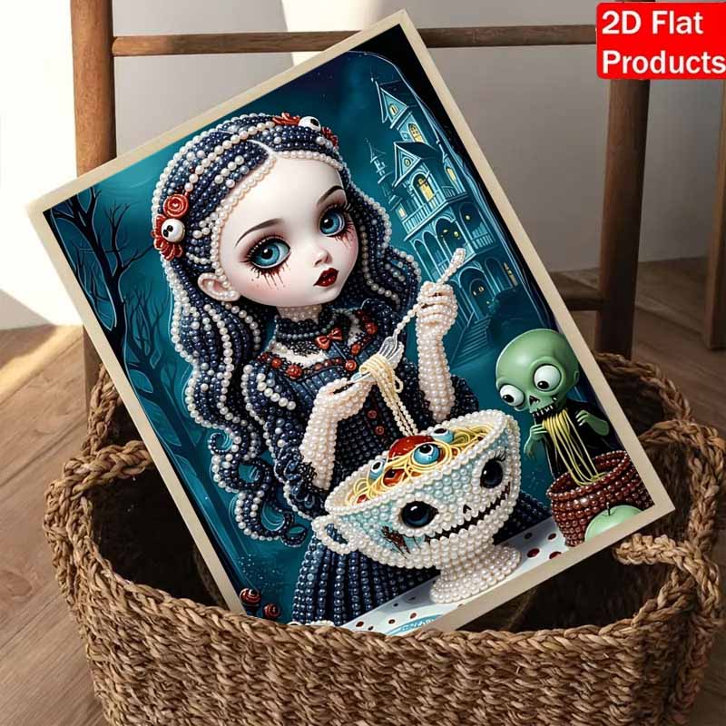 DIY Pearl Bead Art Canvas Gothic Girl Eating Pasta Pattern Frameless 3D Painting Kit for Bedroom Living Room Wall Decor