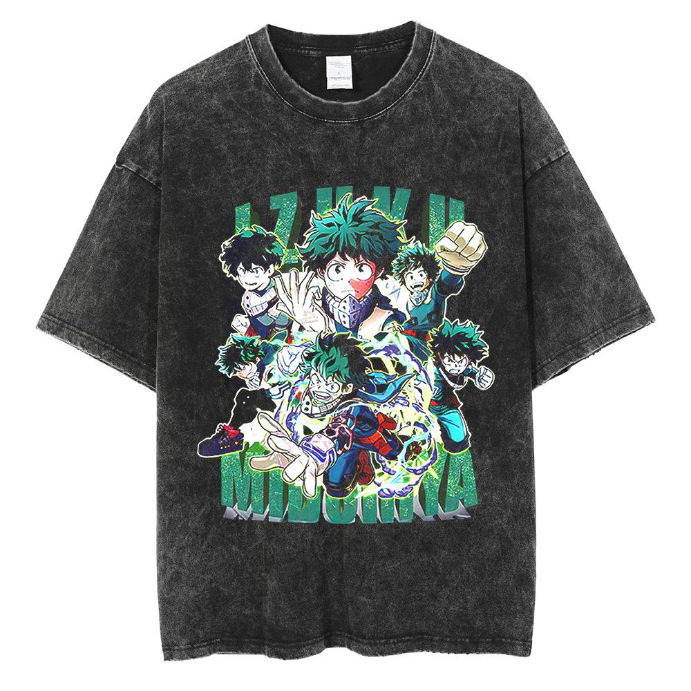 My Hero Academia Midoriya Izuku T-Shirt Unisex Vintage Washed Anime Graphic Print T Shirt Short Sleeve Harajuku Cotton Top Tee