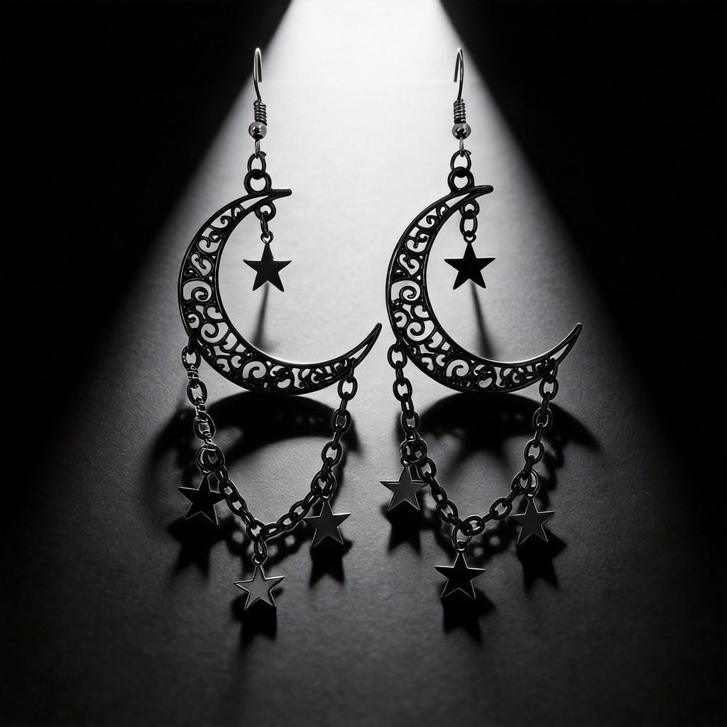 Gothic Black Moon Star Chain Earrings With Vintage Bohemian Style For Women