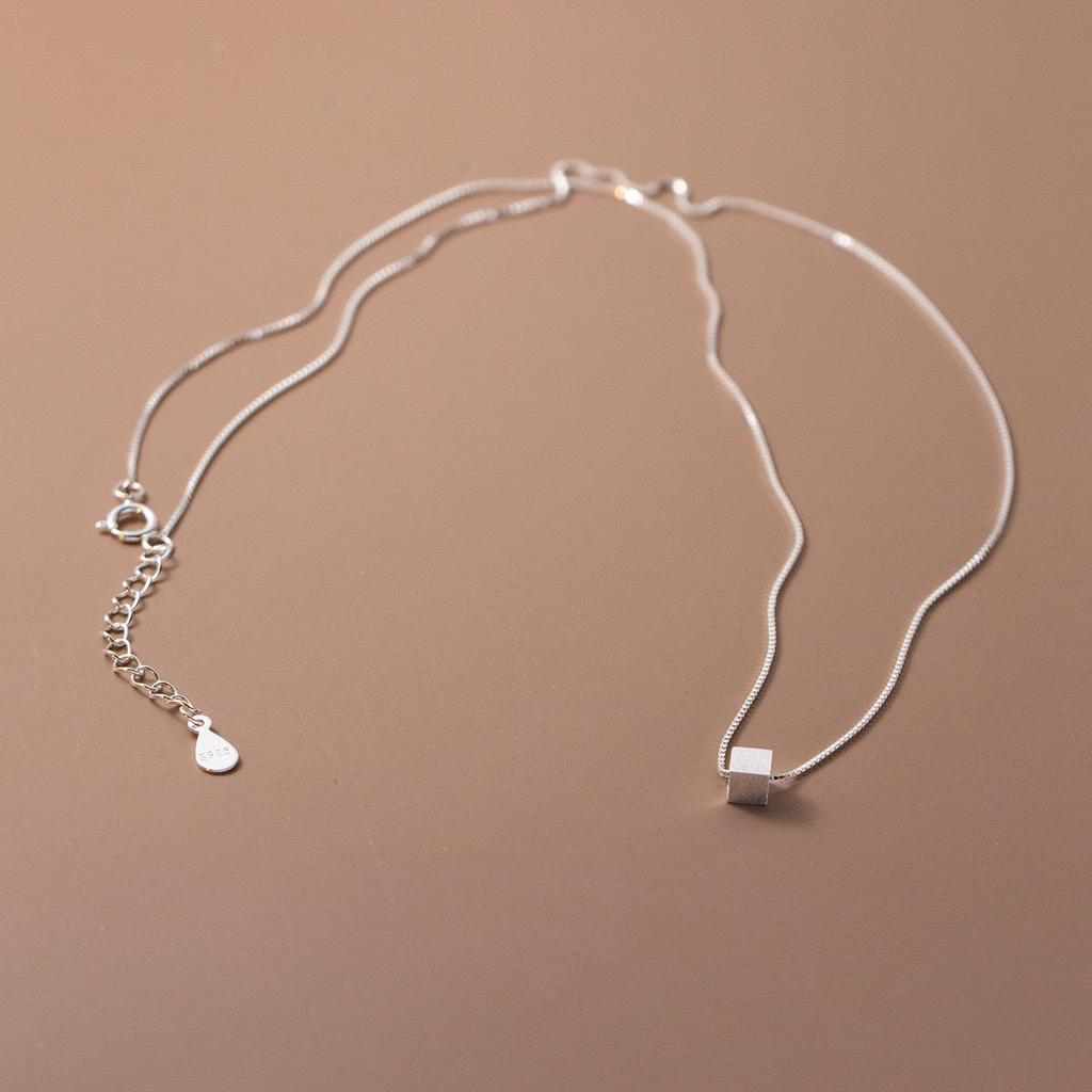 S999 Sterling Silver Brushed Square Pendant Necklace for Women - Luxury Clavicle Chain, Versatile High-End Square Choker