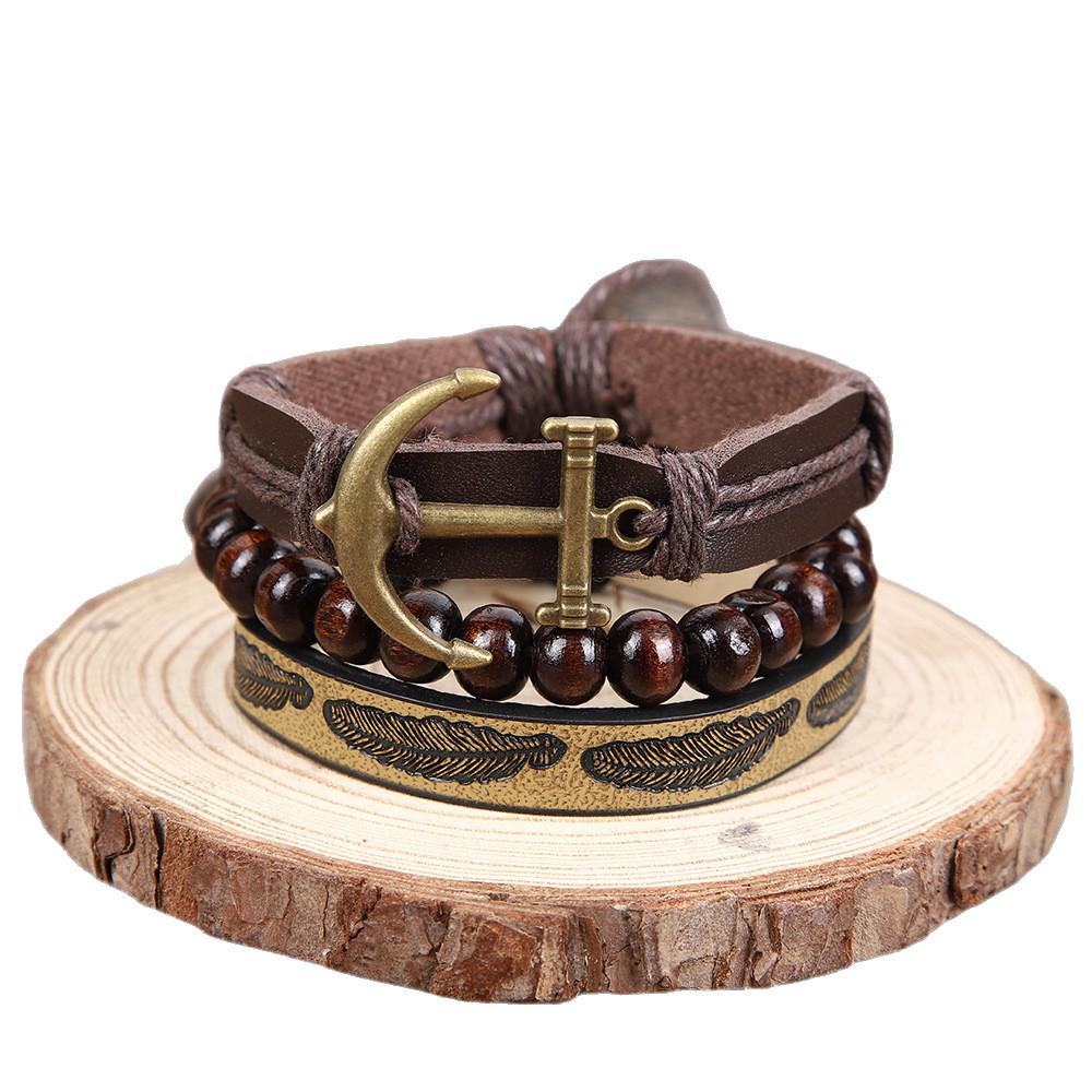 European Retro Men's Leather Bracelet Set: Wood Beads, Feathers, Anchor, and Crescent Moon