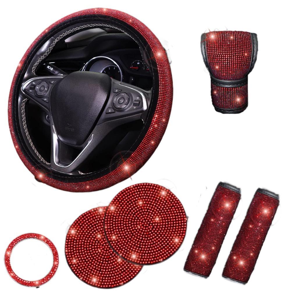 Sparkling Car Steering Protection Cover Set Rhinestone Steering Wheel Protective Case Car Interior красный