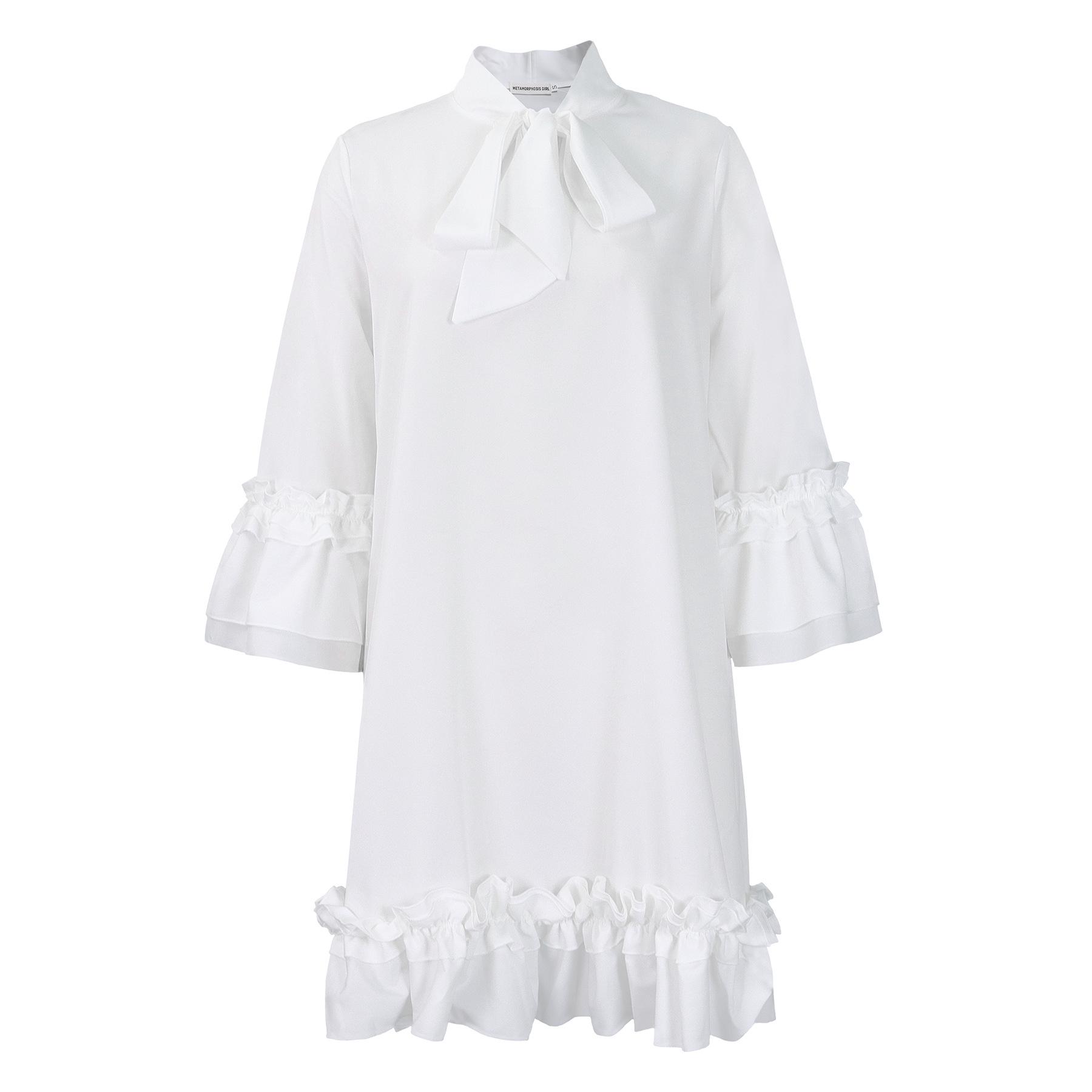 

D3248 European & American Plus Size Women s Loose Casual Dress with Ruffle Sleeves and Tie L білий
