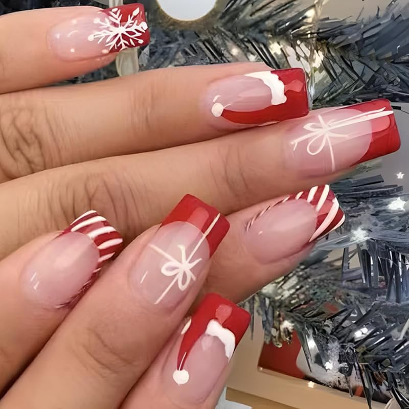 Christmas Press on Nails Medium Square Fake Nails Xmas Nails Press ons with Winterberry,Candy Cane,Snowflake,Santa Hat Design Reusable Artificial